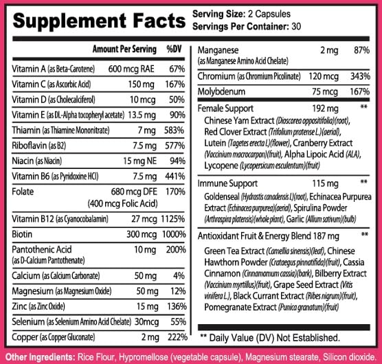 Tabla nutricional multivitaminas Lyvv. Vitaminas y minerales detallados.