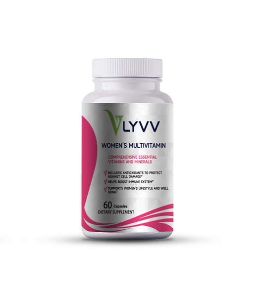Frasco de multivitaminas Lyvv para mujeres. Vitaminas esenciales.