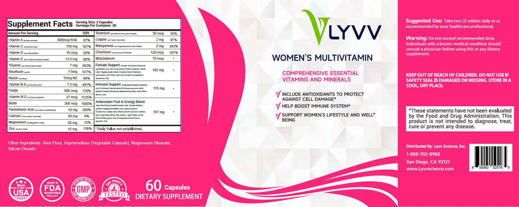Vista lateral frasco Lyvv. Vitaminas y soporte nutricional femenino.