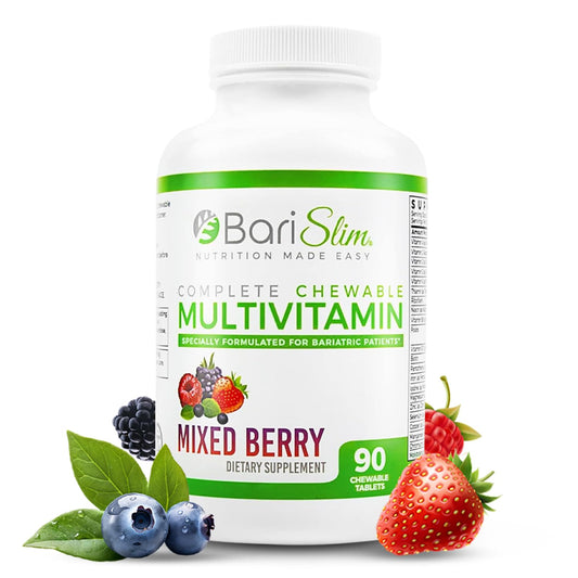 Frasco de multivitaminas masticables BariSlim, sabor a berries, para dieta post-bariátrica.