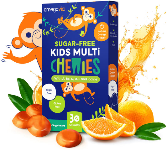 Caja de multivitaminas masticables para niños OmegaVia de sabor naranja sin azúcar.