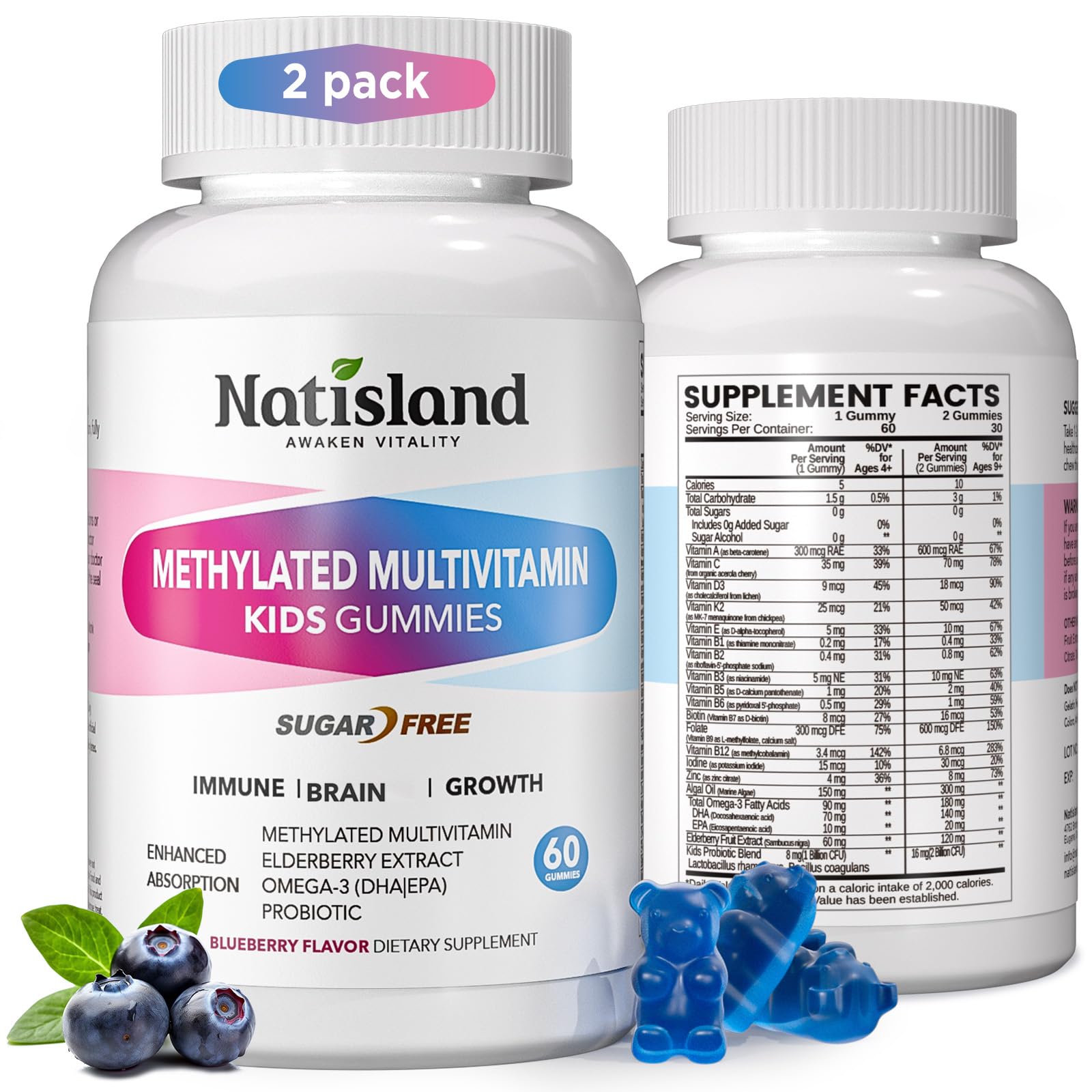 Multivitaminas metiladas NATISLAND para niños con sabor arándano