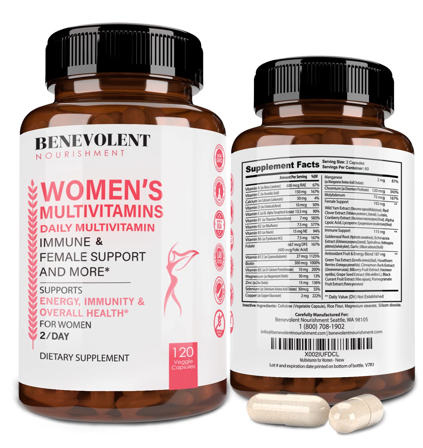 Multivitaminas para mujer en frasco de 120 cápsulas