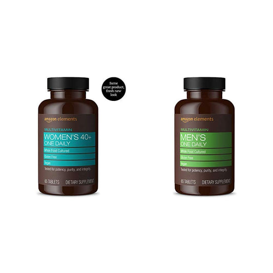 Botellas de multivitaminas para hombres y mujeres sobre fondo blanco