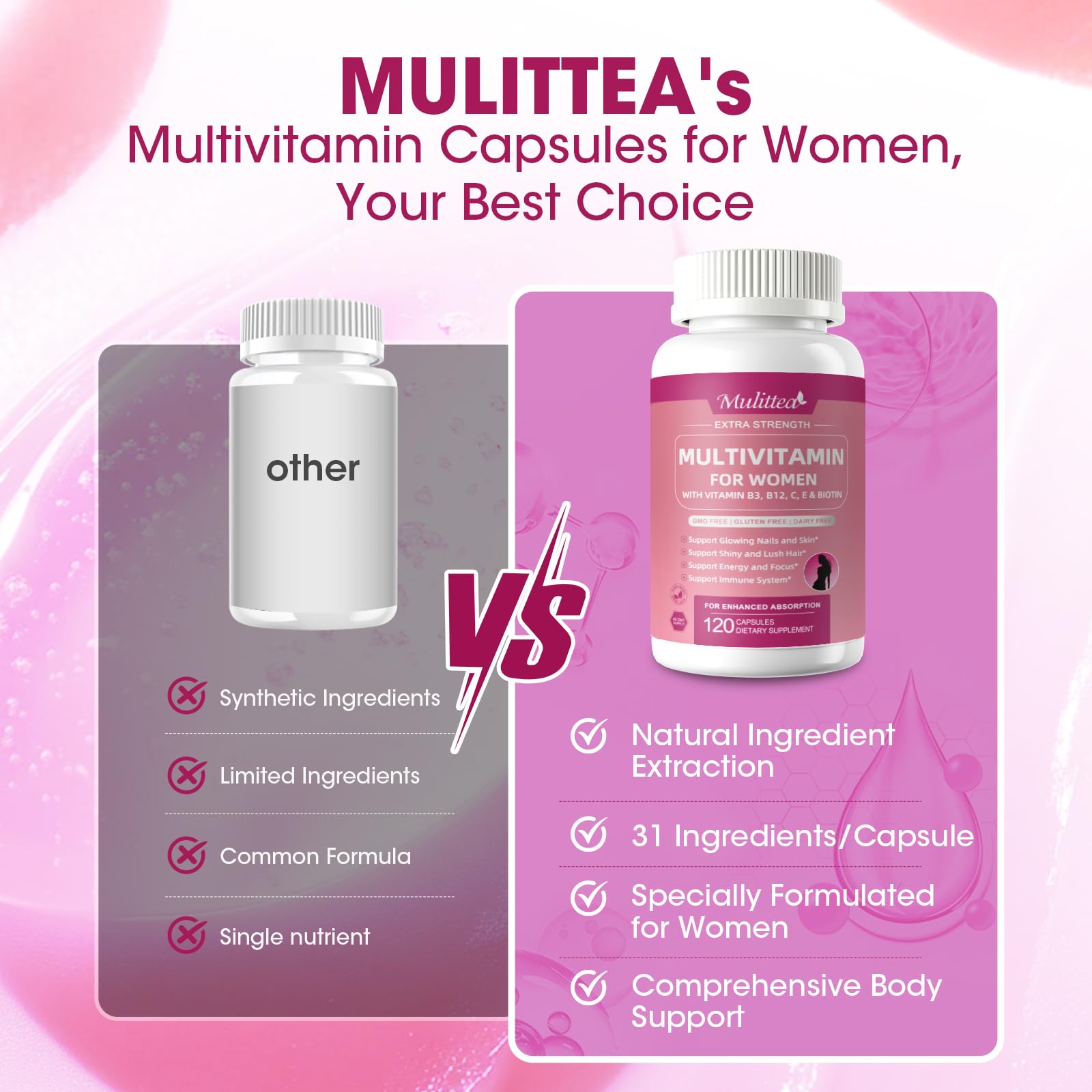 Multivitaminas Mulittea que fortalecen uñas y cabello de mujeres
