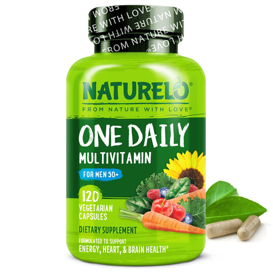 botella de multivitaminas naturelo para hombres 50+ con 120 cápsulas