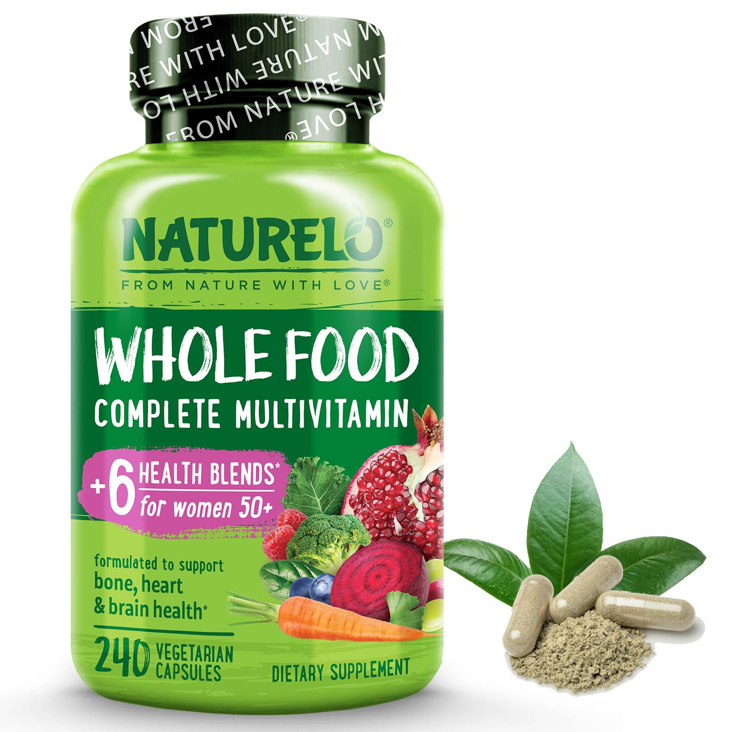 Frasco de multivitaminas NATURELO para mujeres 50+ sin hierro, 240 cápsulas.