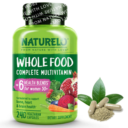 Frasco de multivitaminas NATURELO para mujeres 50+ sin hierro, 240 cápsulas.