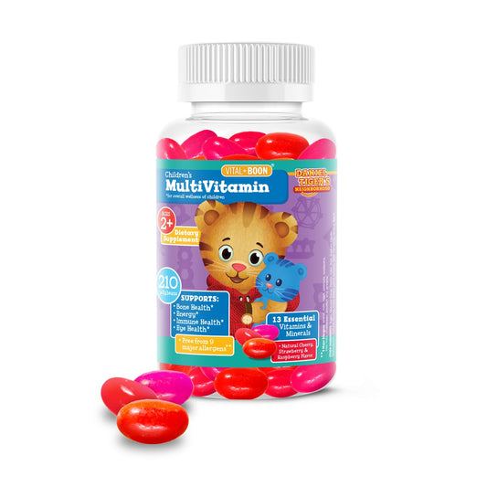 Multivitaminas para niños Daniel Tiger en botella de 210 caramelos.