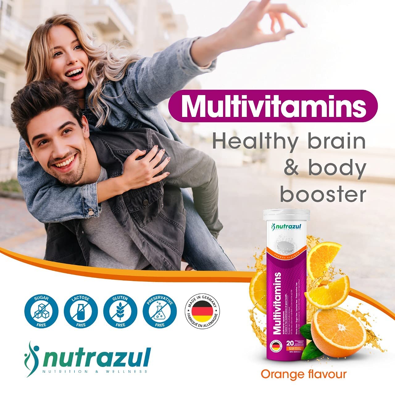 Multivitaminas nutrazul con sabor a naranja, imagen promocional.