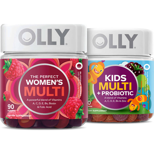 Pack familiar de multivitaminas OLLY con probióticos para mujeres y niños.