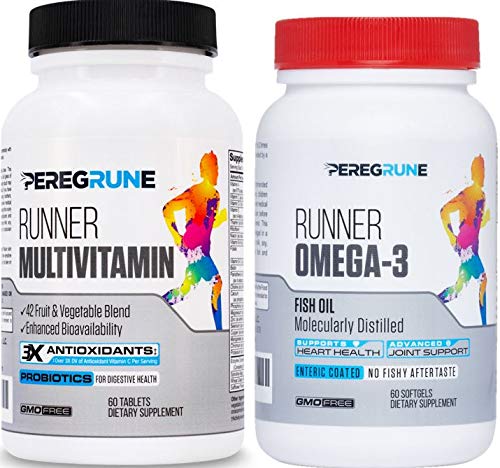 Botellas de multivitaminas y omega 3 para corredores