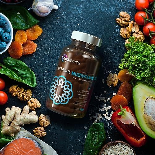 Botella OmniBiotics con alimentos saludables