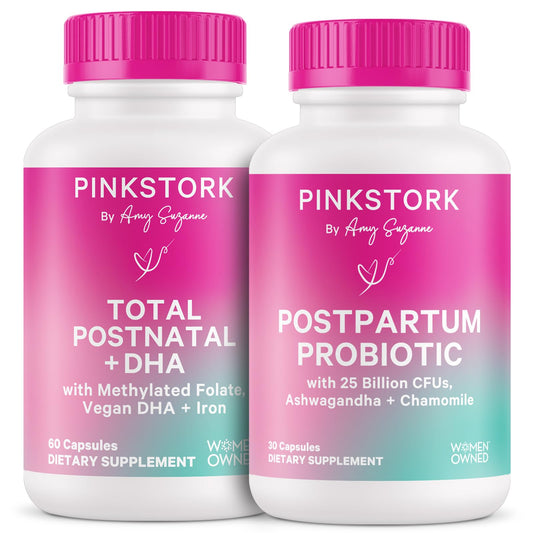 Frascos de suplementos Pink Stork postnatales y probióticos