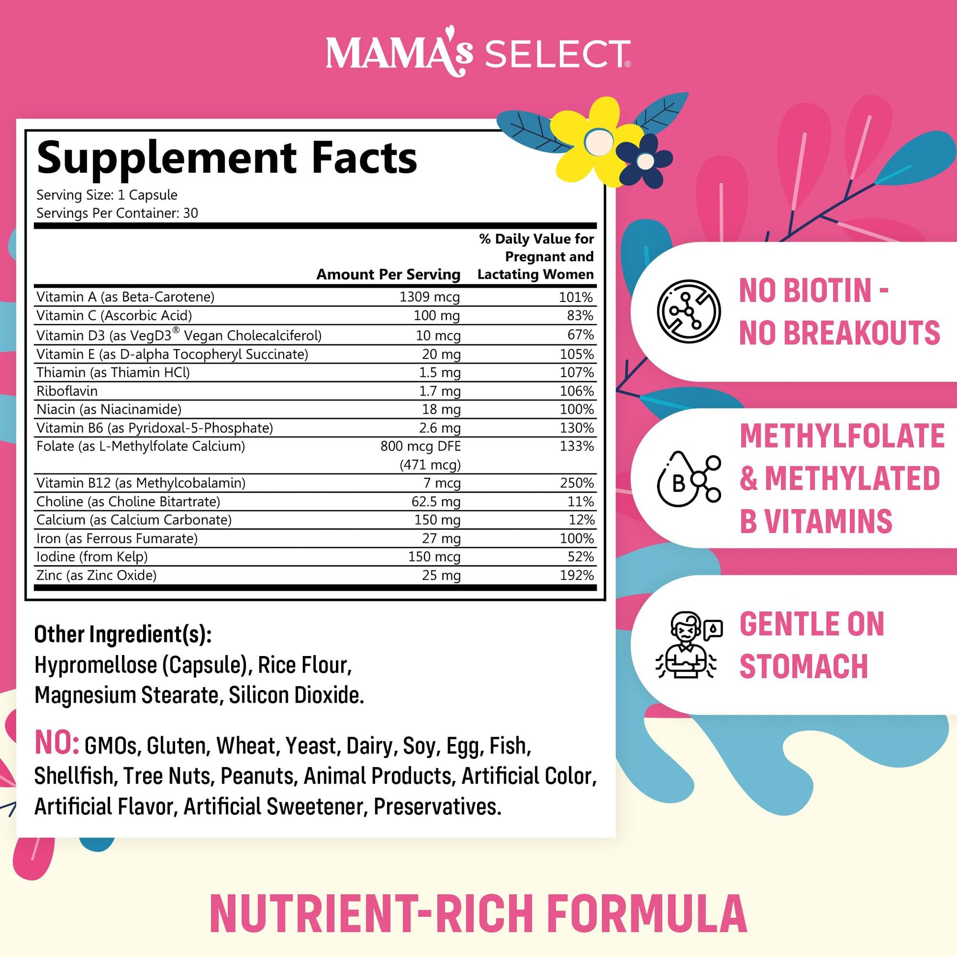 Multivitaminas prenatales veganas y sin biotina