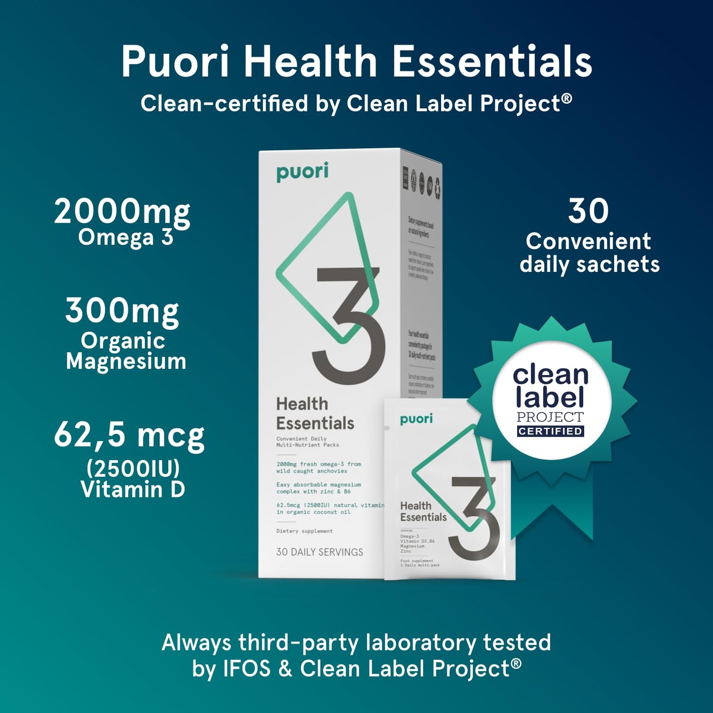 Multivitaminas Puori con omega 3, magnesio, 30 días.
