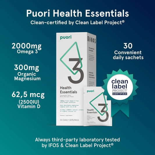 Multivitaminas Puori con omega 3, magnesio, 30 días.