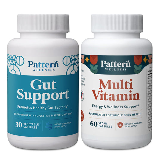 Frascos de multivitaminas y soporte digestivo Pattern Wellness