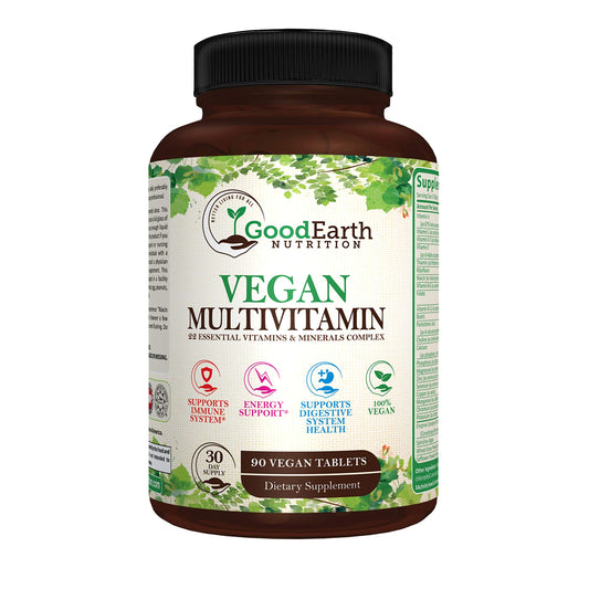 Botella de multivitaminas veganas GoodEarth con 90 tabletas