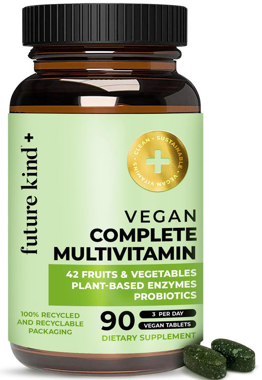 Botella de multivitaminas veganas de Future Kind - 42 frutas y verduras en una tabla.