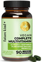 Botella de multivitaminas veganas de Future Kind - 42 frutas y verduras en una tabla.