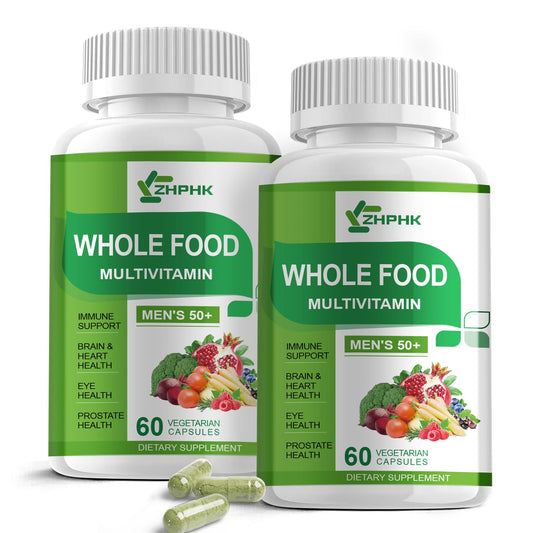 Botella de multivitaminas whole food para hombres 50+ con 120 cápsulas.