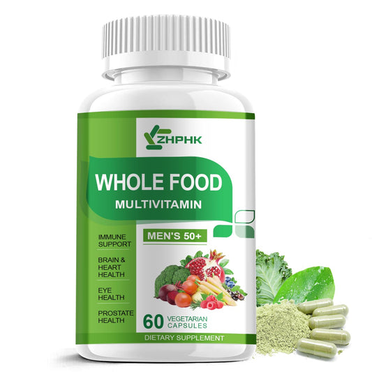Botella de multivitaminas whole food para hombres mayores de 50 años.