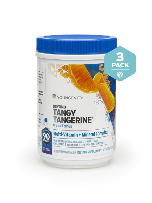 Envase de multivitaminas Youngevity Tangy Tangerine en 3 pack.