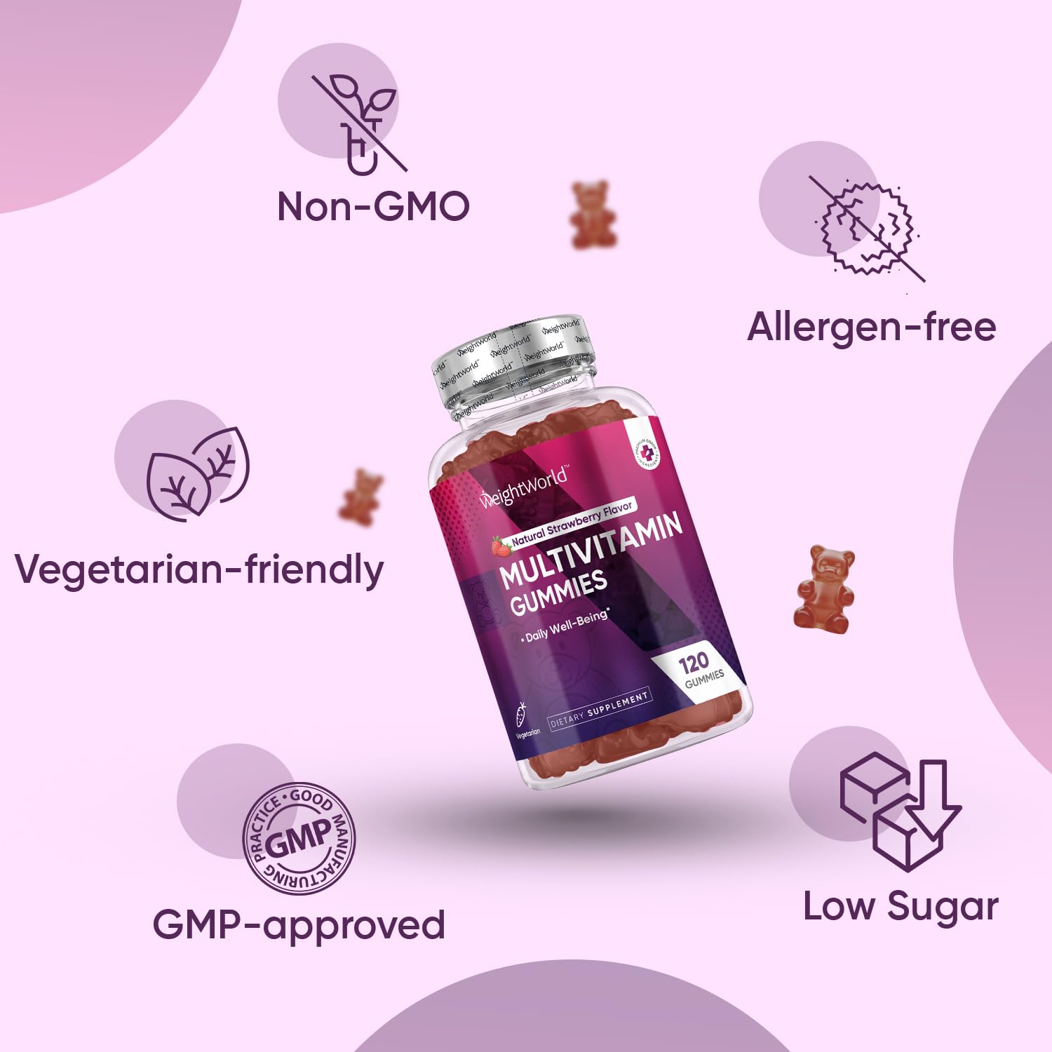 Multivitamínicas 120 Uds para bienestar diario con sabor a fresa.