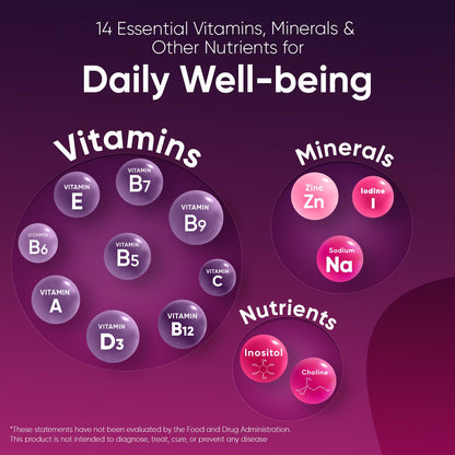 Multivitamínicas con nutrientes naturales y 9 vitaminas esenciales.