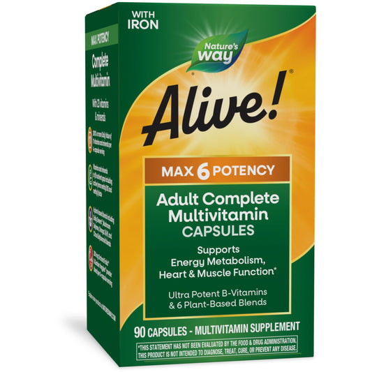 Frasco de multivitamínico adulte con hierro en caja verde y naranja.
