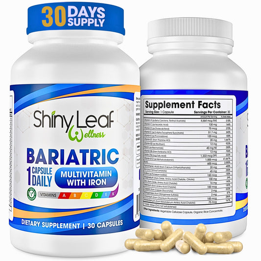 Frasco de multivitamínico bariátrico con hierro Shiny Leaf