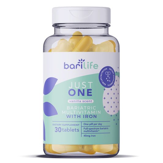 envase de multivitamínico bariátrico just one con hierro 30 tabletas