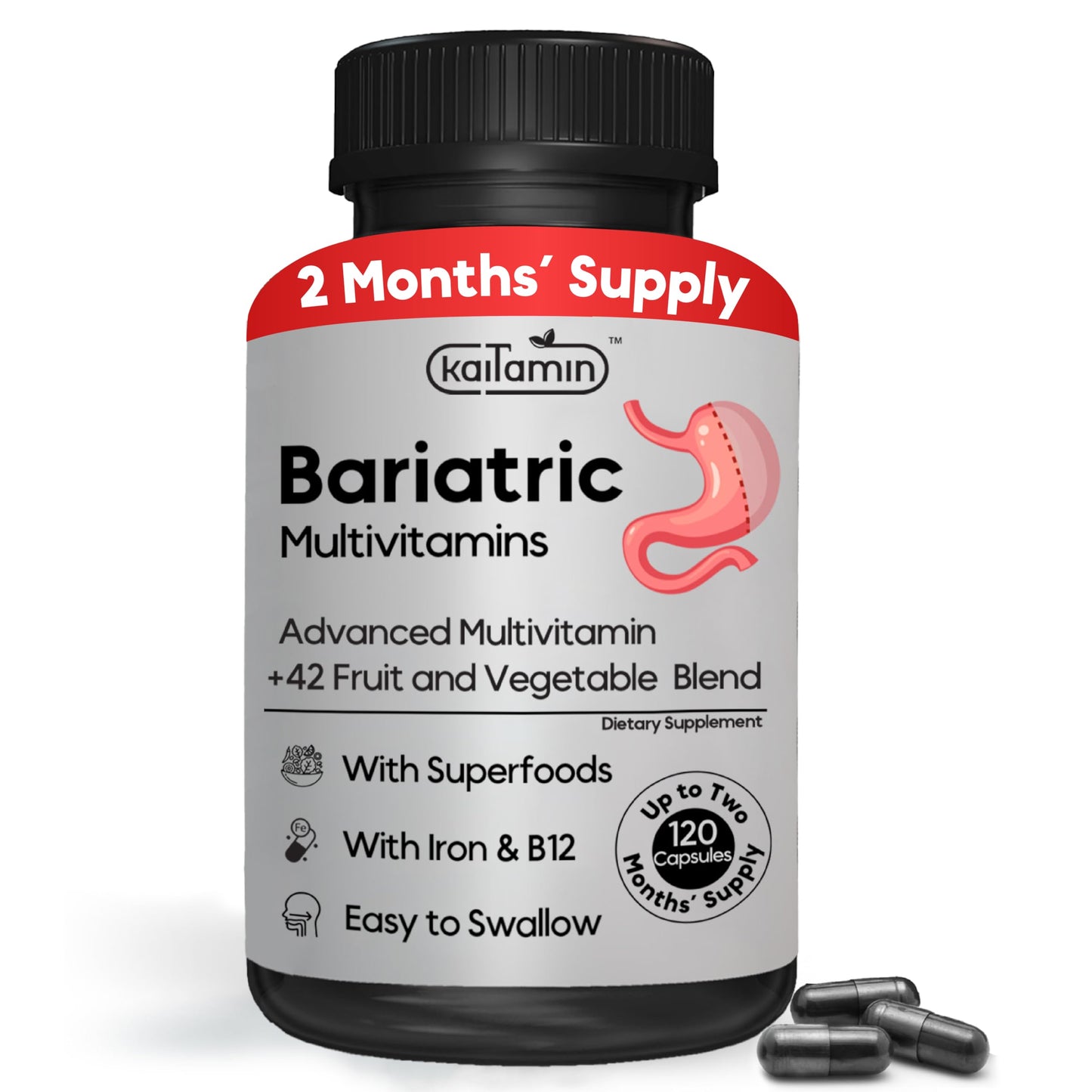 Frasco de multivitamínico bariátrico Kaitamin con cápsulas líquidas