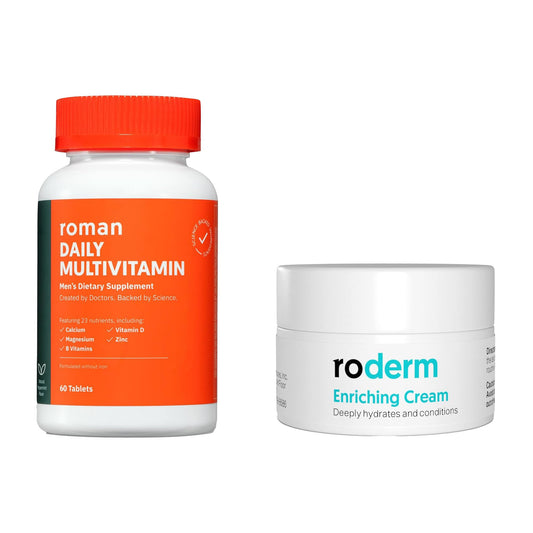 botella de multivitamínico y crema enriquecedora para hombres
