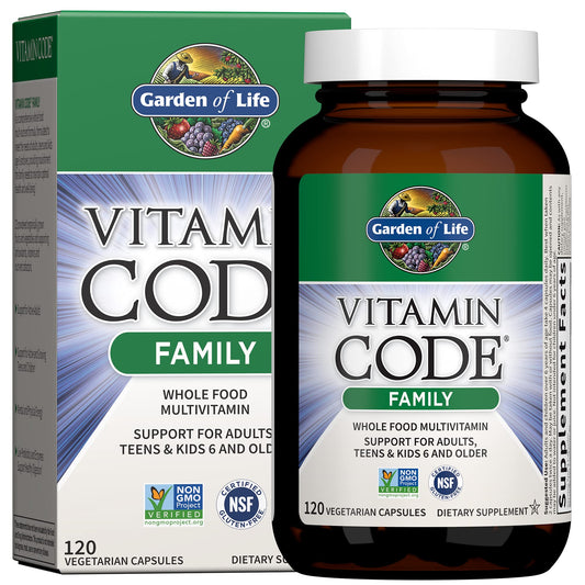 Multivitamínico Garden of Life para toda la familia en frasco y caja.
