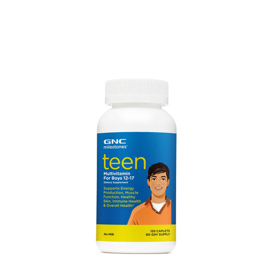 Frasco de multivitaminas GNC para adolescentes con ilustración de chico