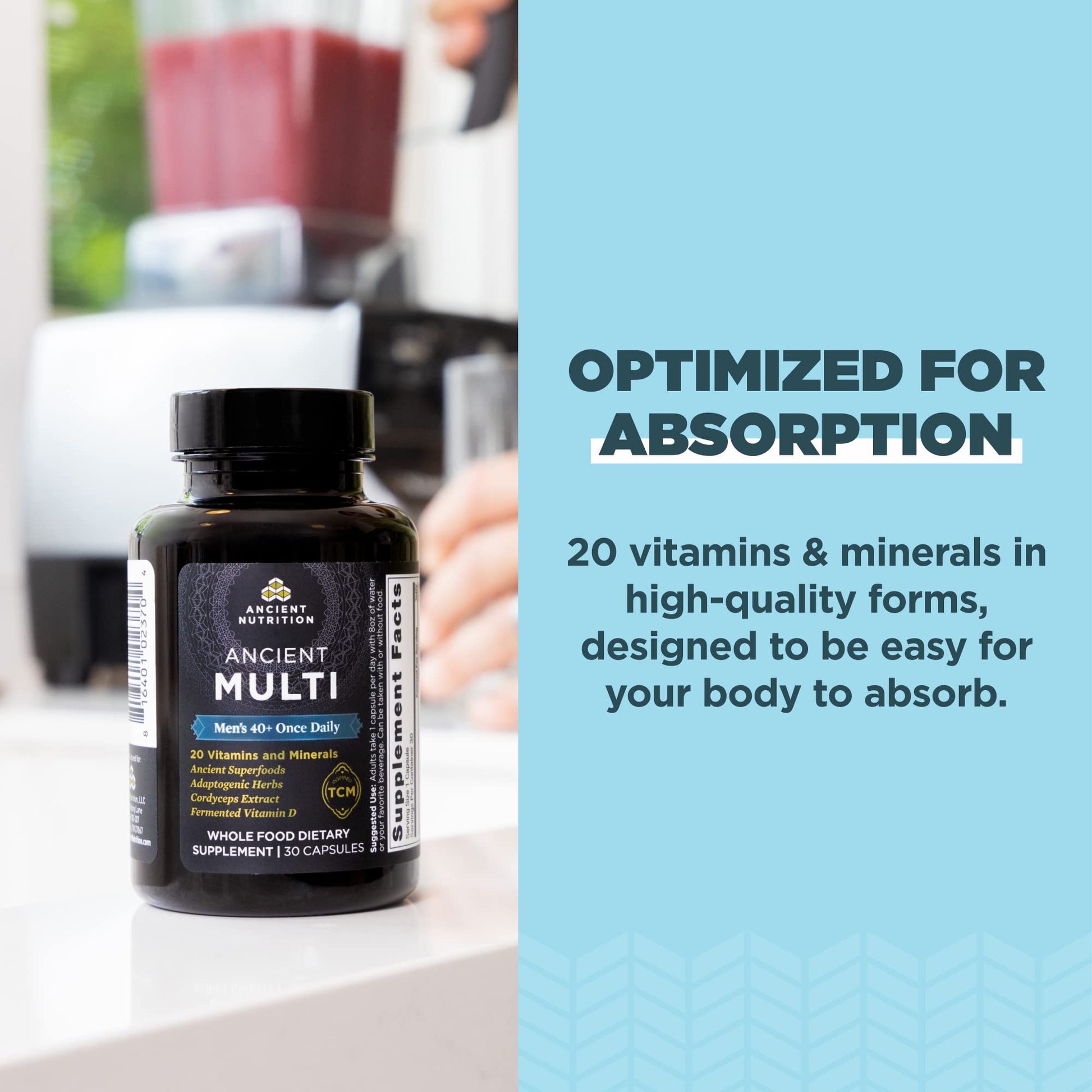 Cápsula diaria de multivitamínico para hombres en contexto de cocina