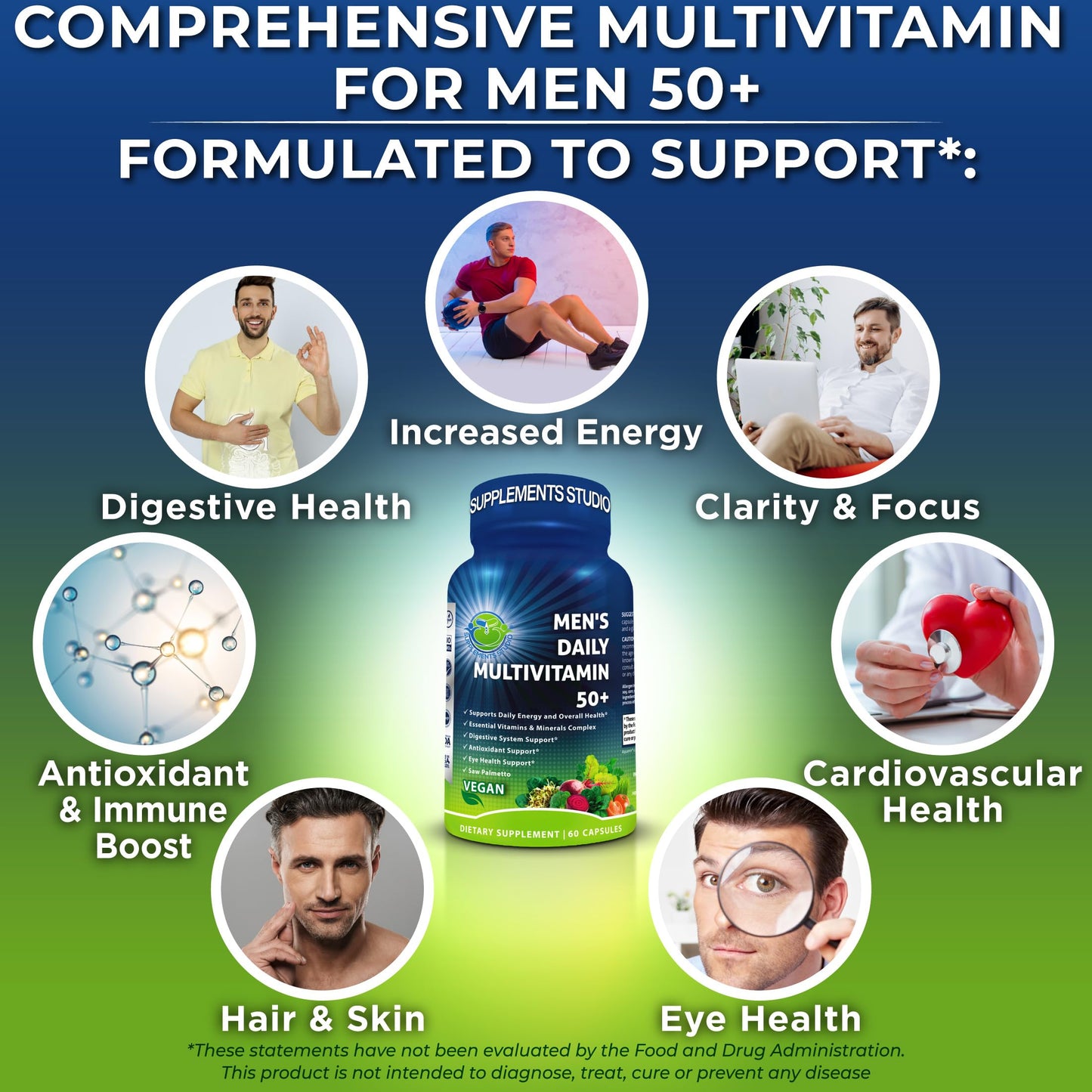 Multivitamínico para hombres 50+ completo, apoyo digestivo y visual