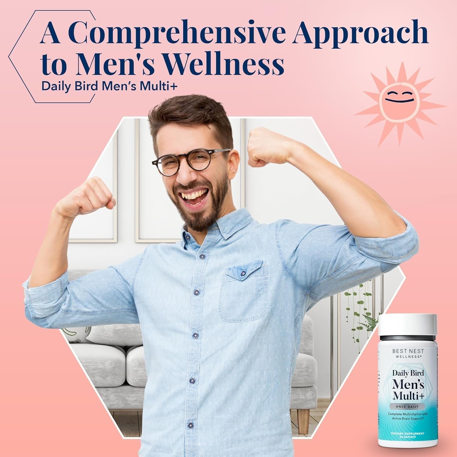 Hombre feliz sosteniendo un multivitamínico para hombres Best Nest