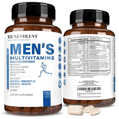 Botellas de multivitamínico para hombres con fondo blanco