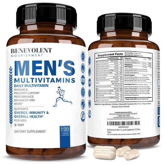 Botellas de multivitamínico para hombres con fondo blanco