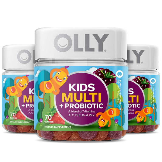 Tres frascos de multivitamínico infantil OLLY con probiótico, sabor a bayas
