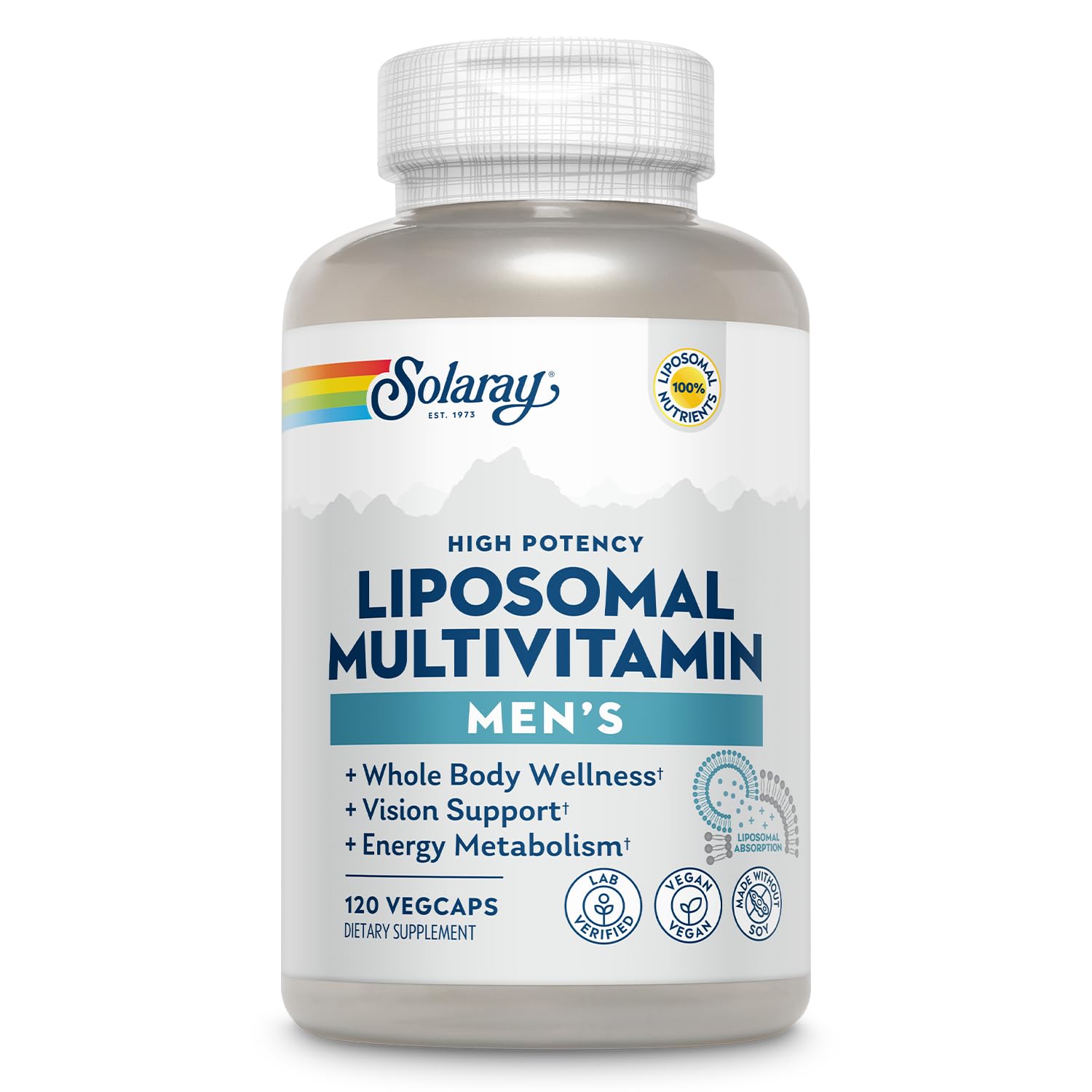 Frasco de multivitamínico liposomal Solaray para hombres