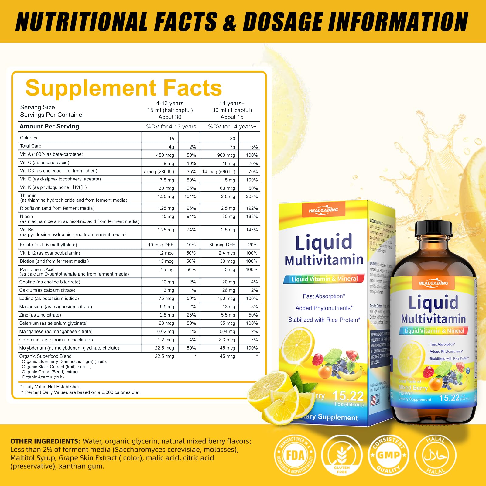 Multivitamínico líquido HEALOADING sabor fruta mixta