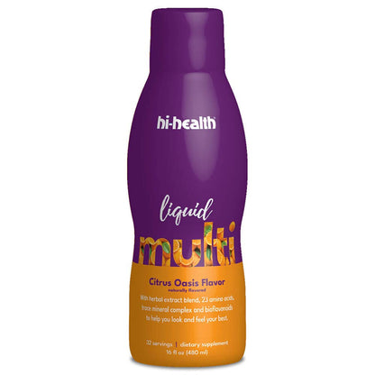 Botella de multivitamínico líquido Hi-Health con sabor cítrico.