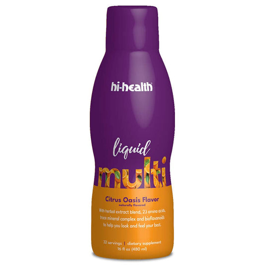 Botella de multivitamínico líquido Hi-Health con sabor cítrico.