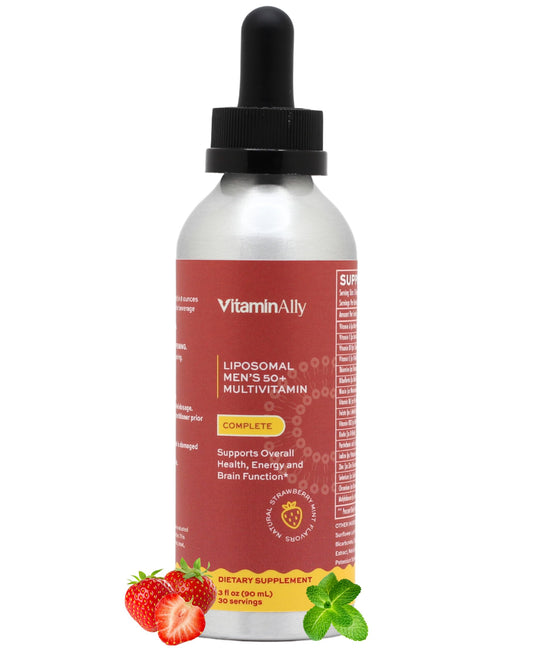 Multivitamínico líquido para hombres 50+ sabor fresa.