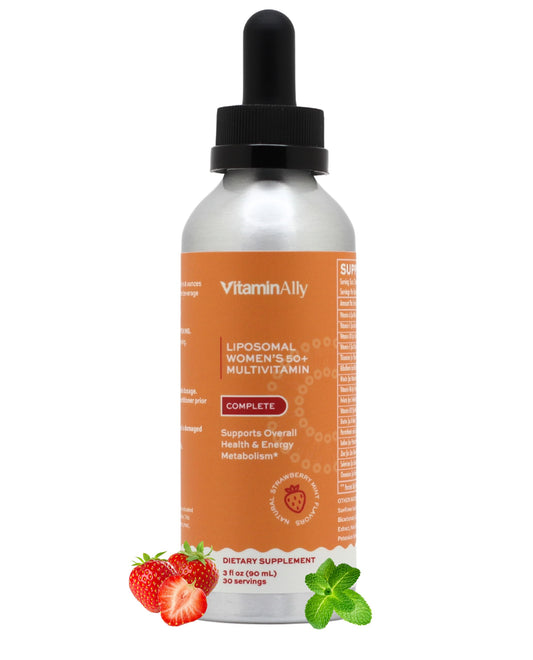 Multivitamínico líquido para mujeres 50+ sabor fresa.