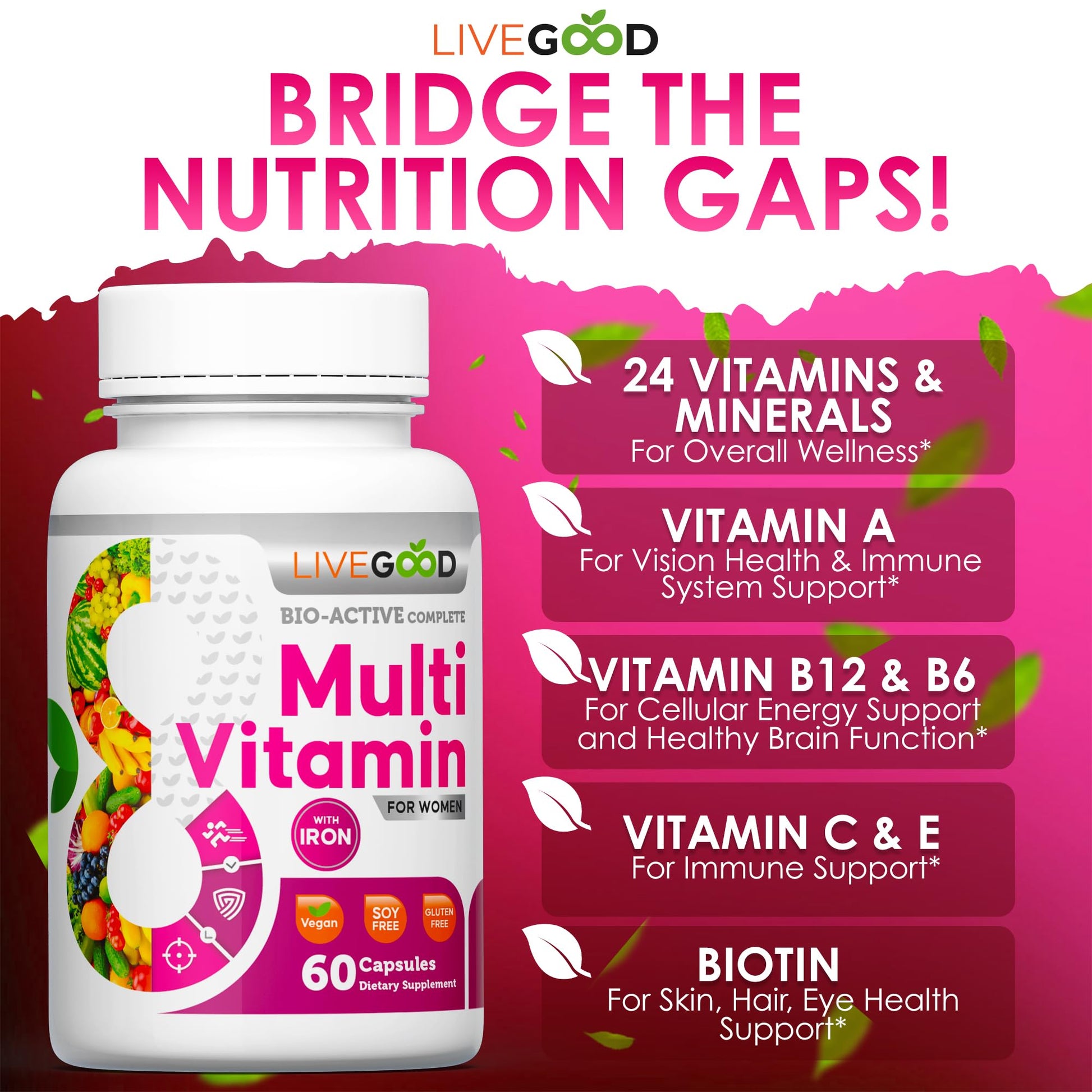 Multivitamínico LIVEGOOD con detalles sobre vitaminas incluidas